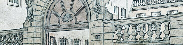 Illustrierte Ansicht des alten Bethmann Hofs, dem ehemaligen Standorts der Bethmann Bank in Frankfurt.