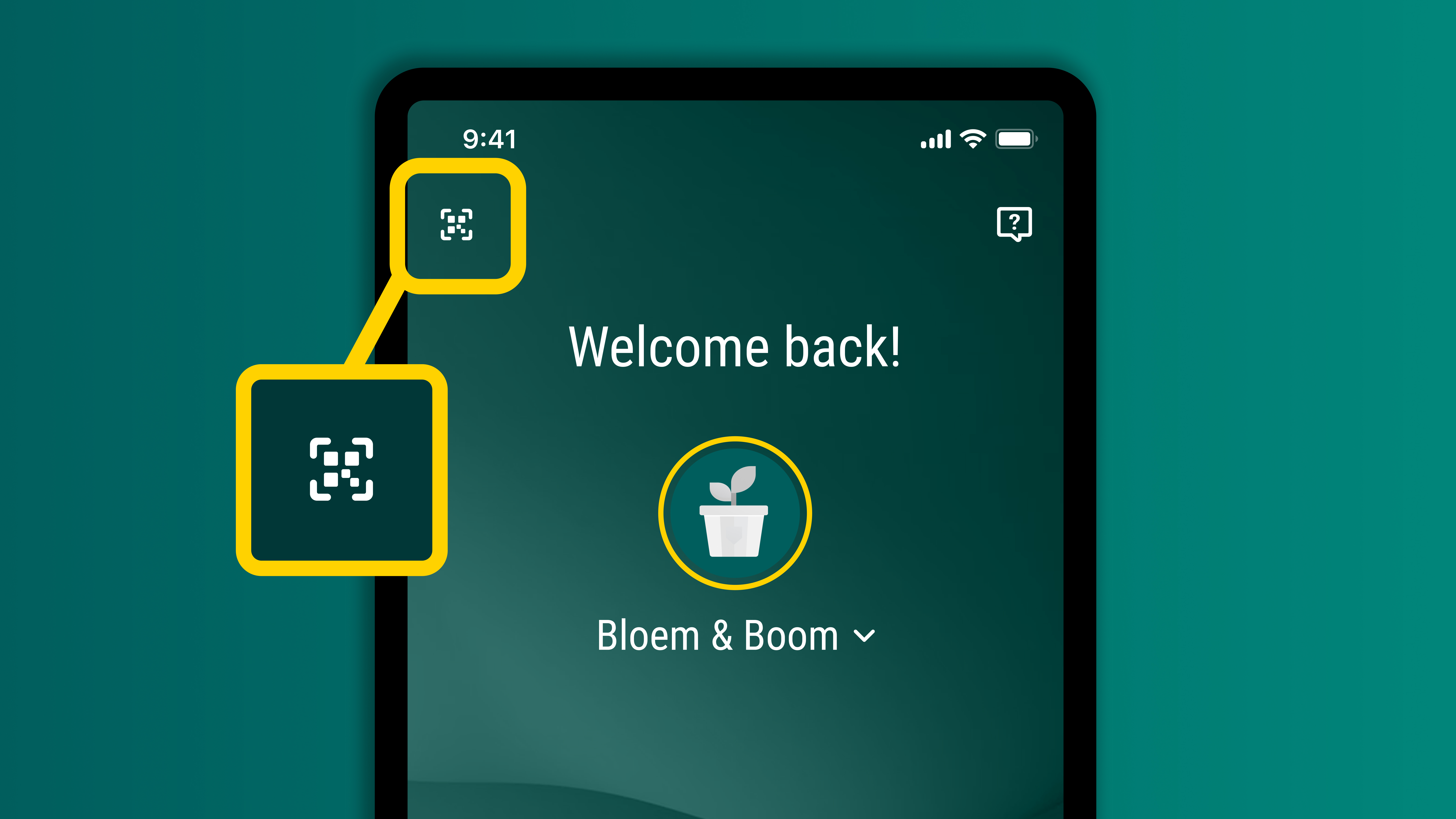 Welcome page of the ABN AMRO app, with the QR code scanner in the top-left corner.
