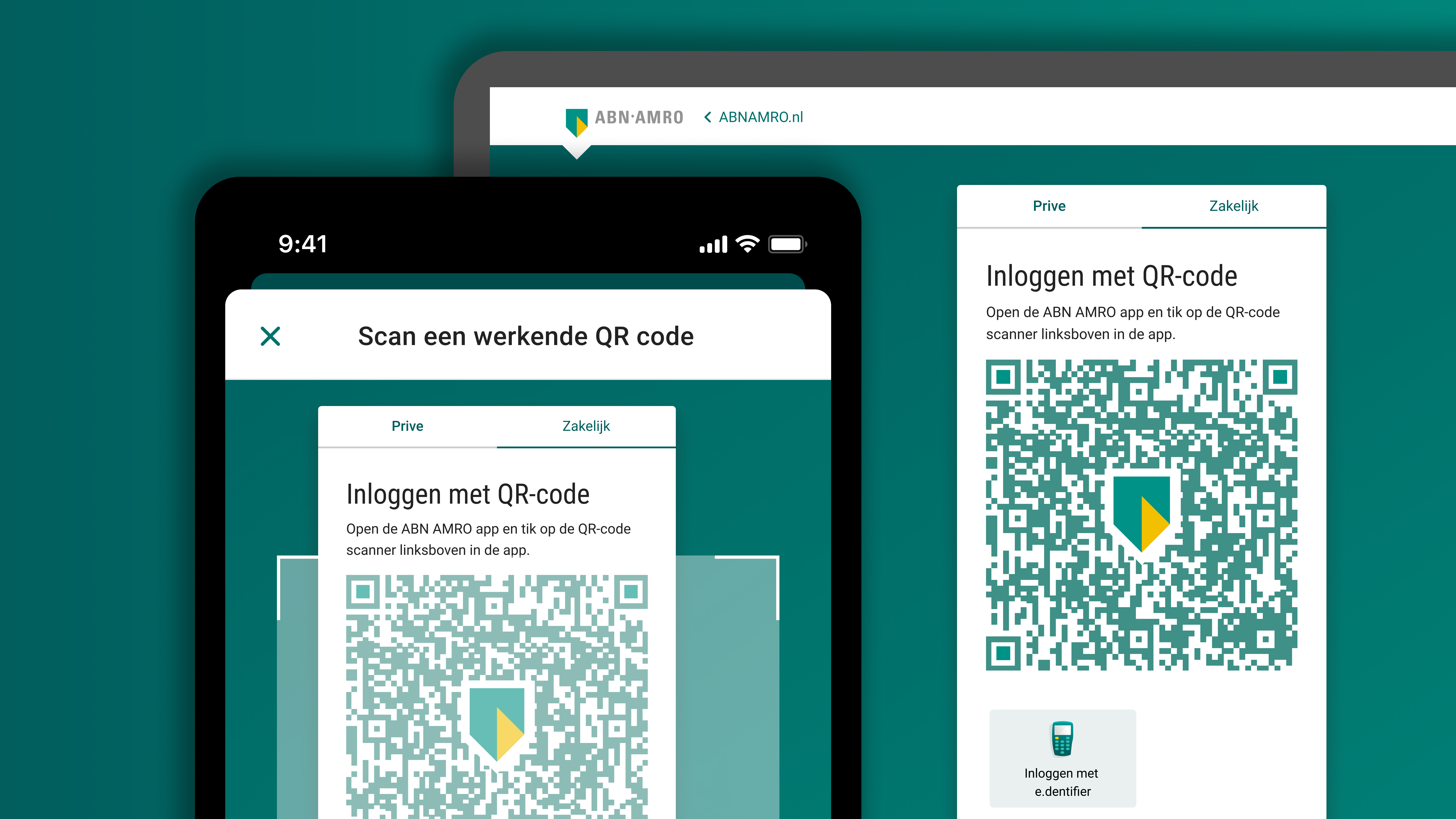 Mobiele telefoon met ABN AMRO app scant de QR-code op het inlogscherm van Internet Bankieren.
