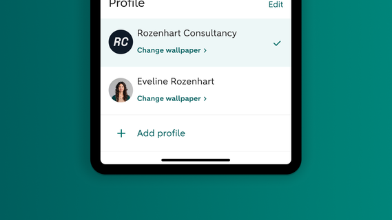 Mobile phone with overview of profiles in the ABN AMRO app.