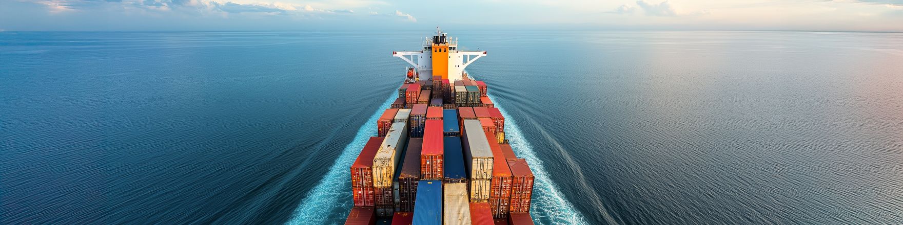 Drohnenaufnahme eines fahrendes Containershiffs auf dem Meer
