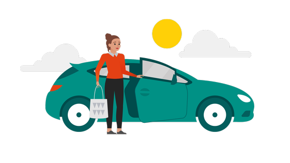 Illustratie van vrouw bij haar auto in de zon